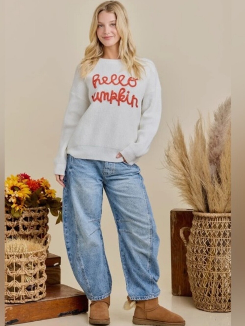 Mainstrip Boutique Fall Autumn Hello Pumpkin White Knit Sweater